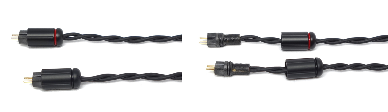 Photo of 2 pin connectors showing the internals when the connector jacket is removed, side by side with stock