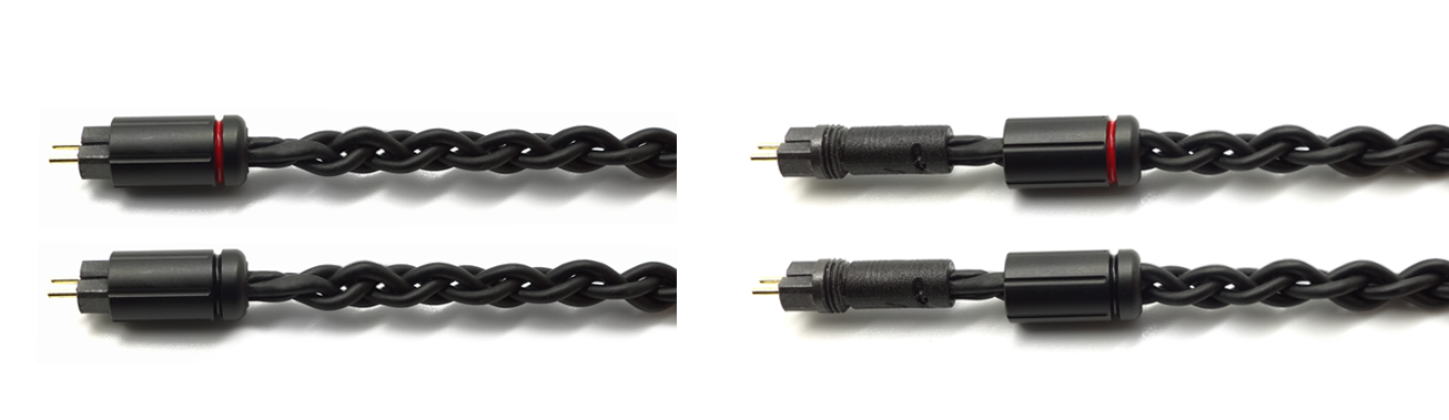 Photo of 2 pin connectors showing the internals when the connector jacket is removed, side by side with stock