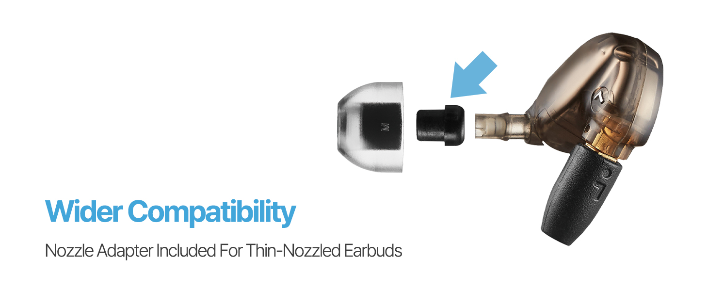 Wider comptability: nozzle adapter included for thin-nozzle earbuds.