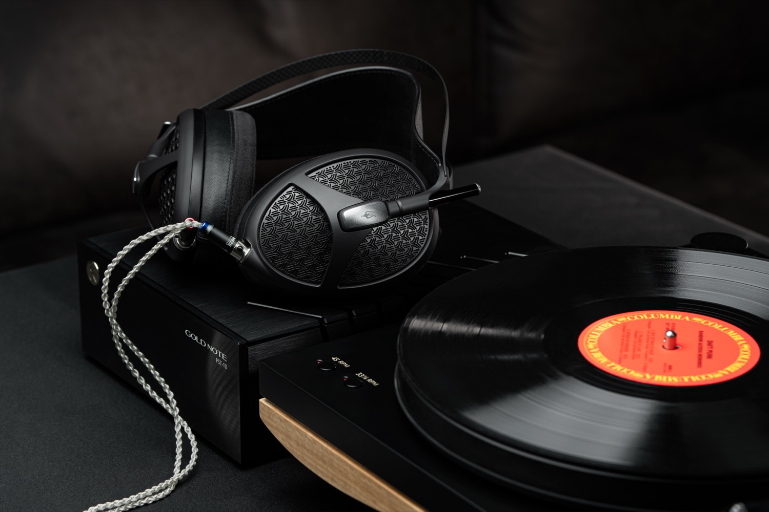 Photo of Empyrean II next to record player