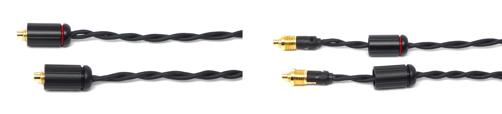 Photo of MMCX connectors showing the internals when the connector jacket is removed, side by side with stock