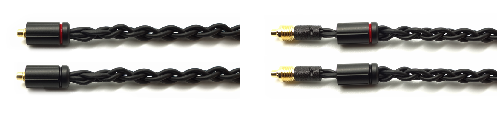 Photo of MMCX connectors showing the internals when the connector jacket is removed, side by side with stock
